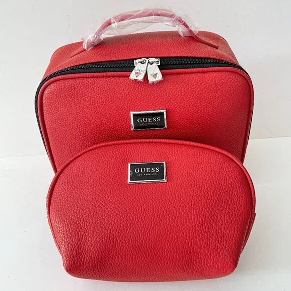 NEW GUESS 2 Piece Set Travel Bag Cosmetic Makeup Bag Pebbled Faux Leather Re
